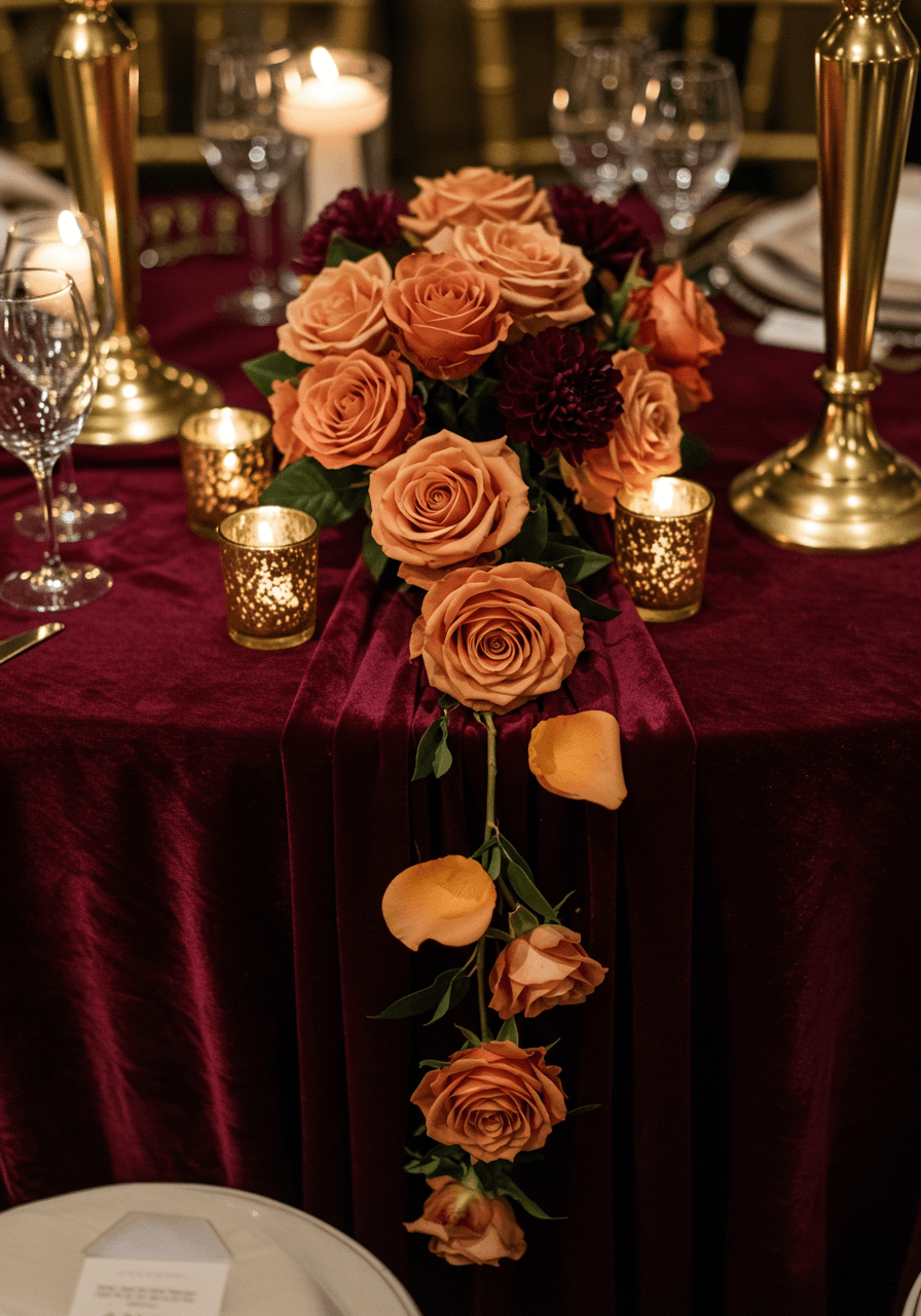 Overhead macro of burgundy velvet runner with cascading cinnamon roses and gold candelabras in opulent ballroom