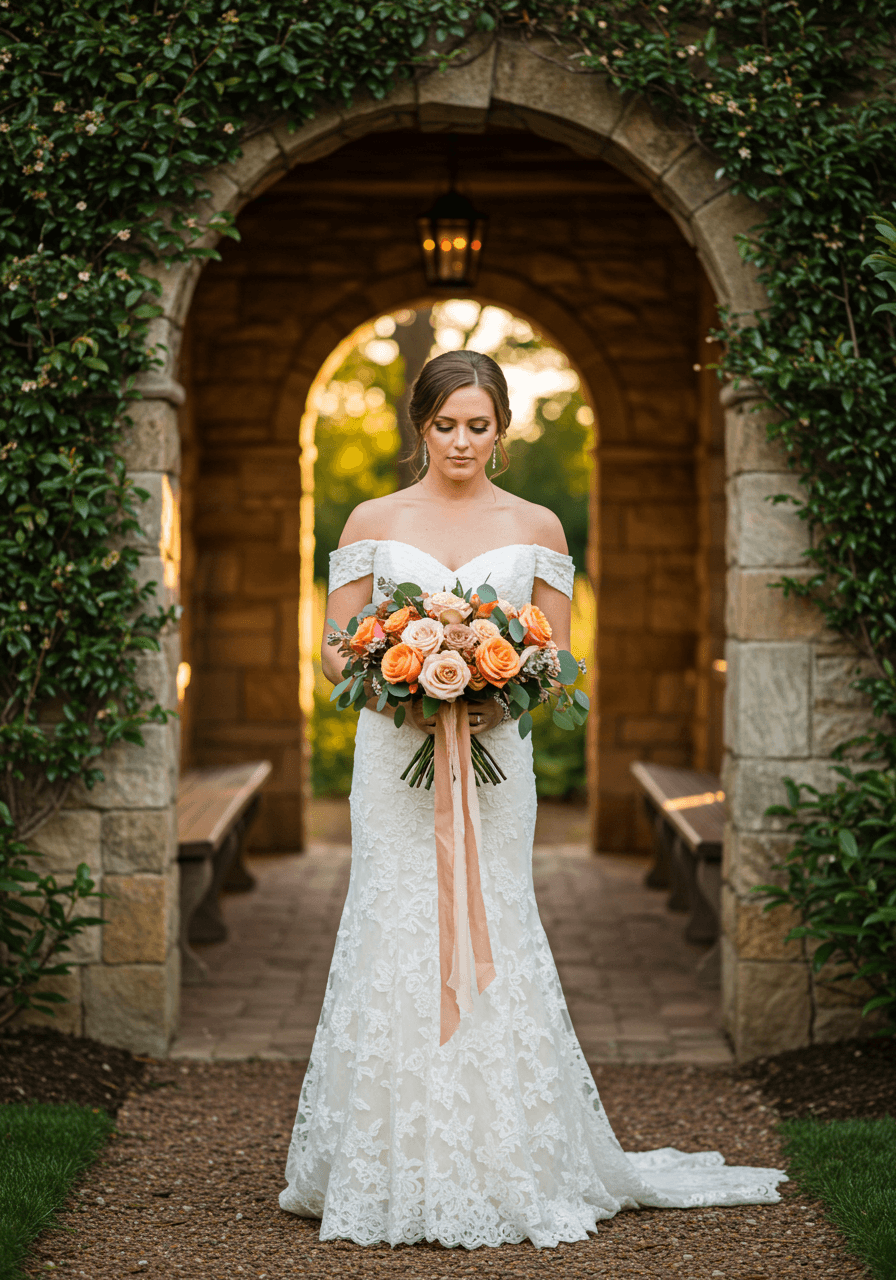 Bride holding cascading cinnamon rose bouquet with silk ribbon in off-shoulder gown at garden pavilion during golden hour