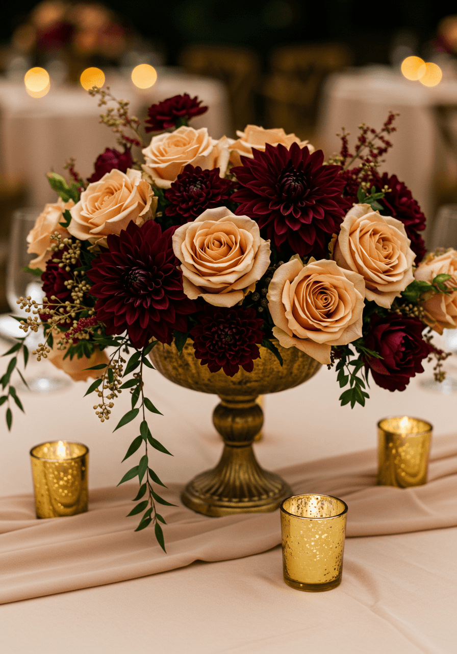 Elaborate cinnamon rose centerpiece in vintage gold compote with burgundy dahlias and trailing amaranthus by candlelight