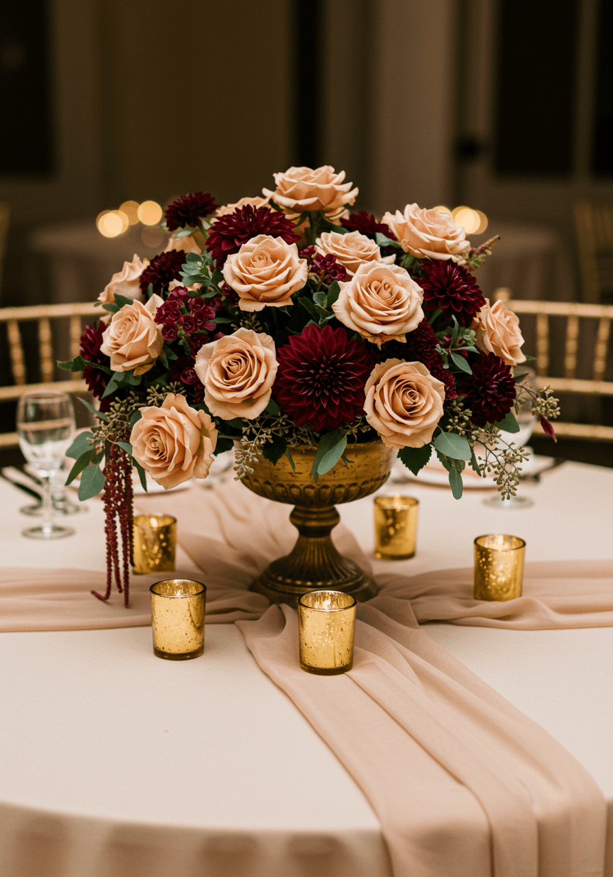 Cinnamon rose arrangement in vintage gold compote on round table with champagne silk runner and mercury glass votives