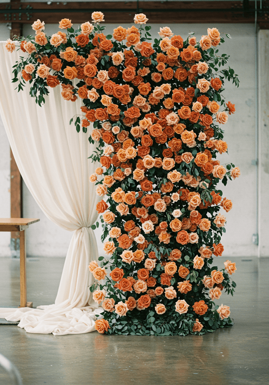 Elaborate cinnamon rose ceremony wall with eucalyptus greenery and cream silk panels in elegant indoor venue