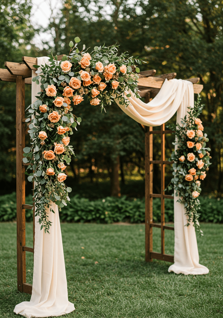 Cinnamon rose garland with eucalyptus draped along rustic wooden archway in outdoor garden ceremony at golden hour
