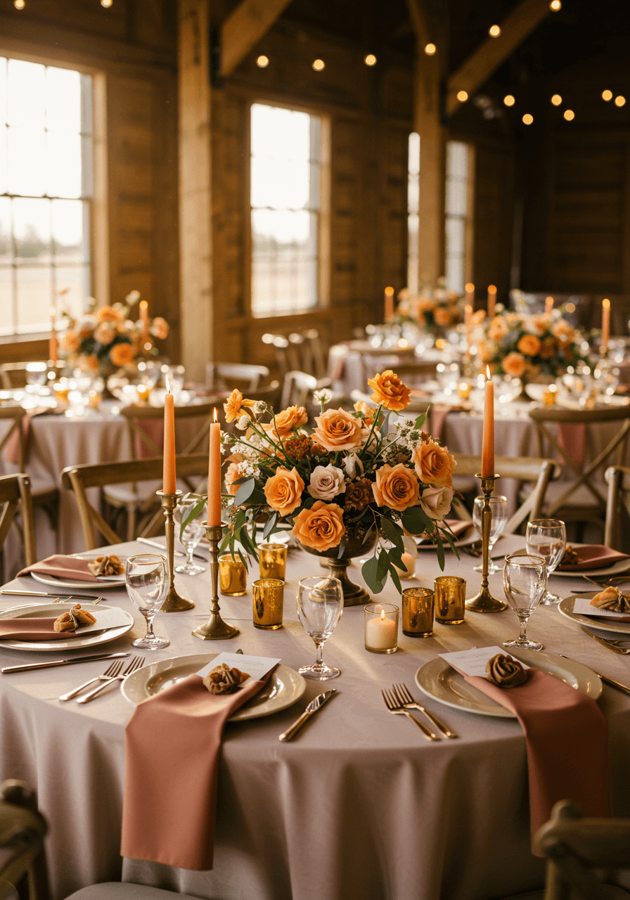 Round reception table with cinnamon rose centerpiece, dusty rose linens, brass candlesticks and terracotta napkins in rustic barn