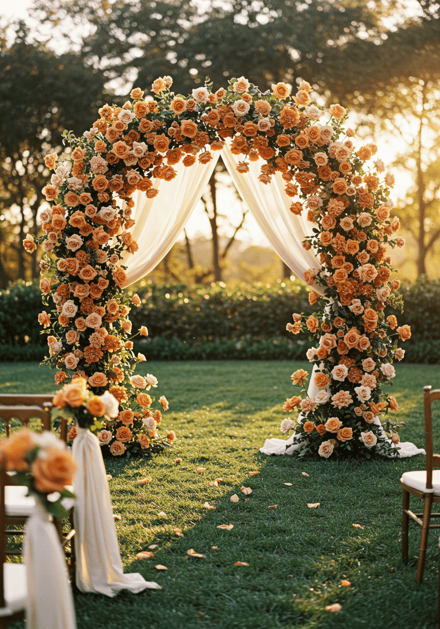 Cascading cinnamon rose floral arch with ivory accents during golden hour in outdoor garden ceremony