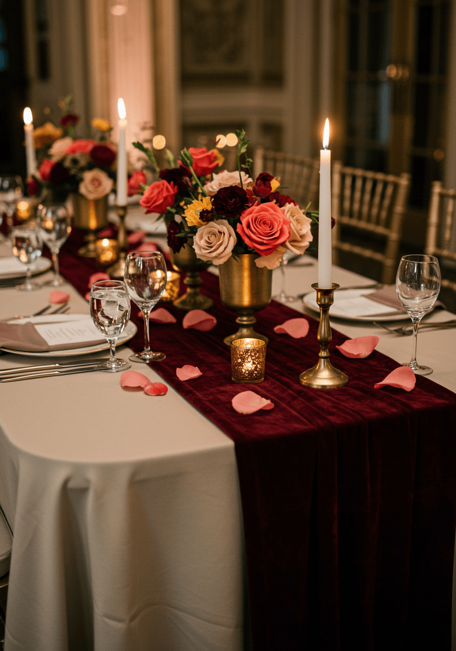 Close-up of elegant ballroom table with luxurious burgundy velvet runner, cinnamon rose centerpieces and crystal stemware