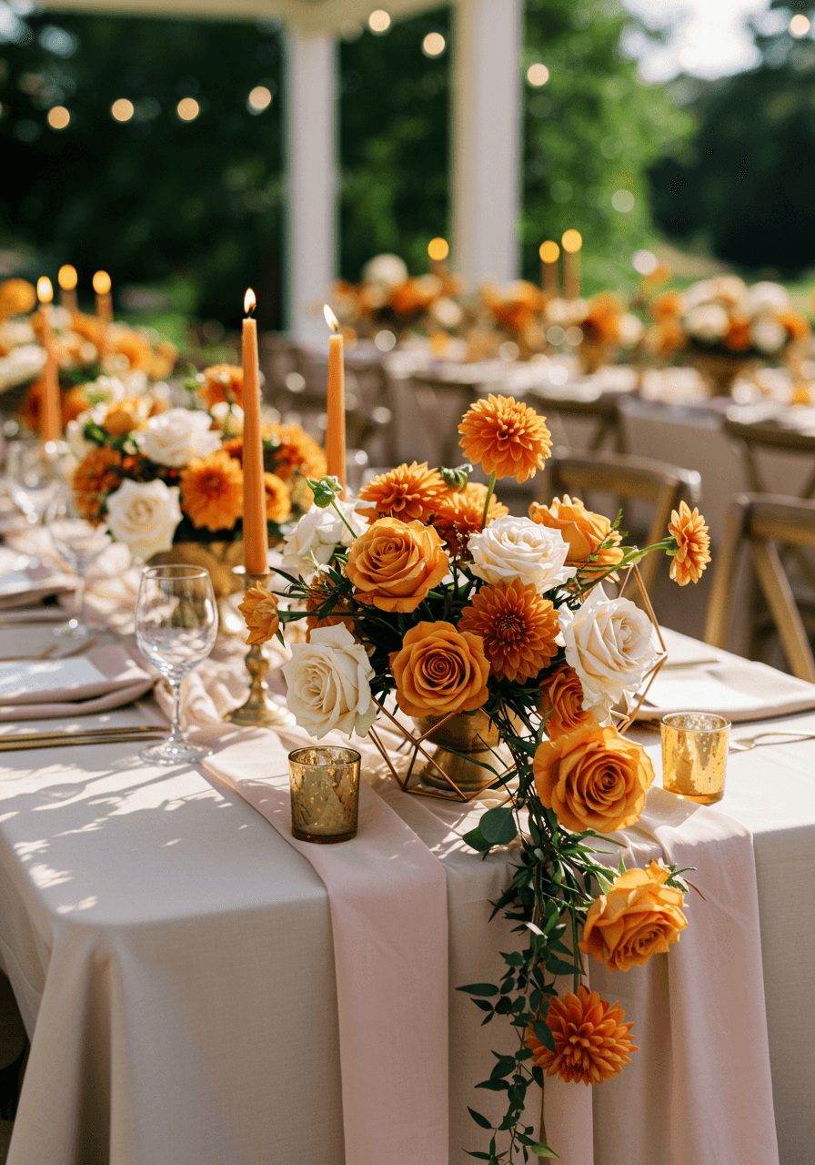 Elegant long table with cascading cinnamon roses, burnt orange dahlias and copper vessels in sun-drenched garden pavilion