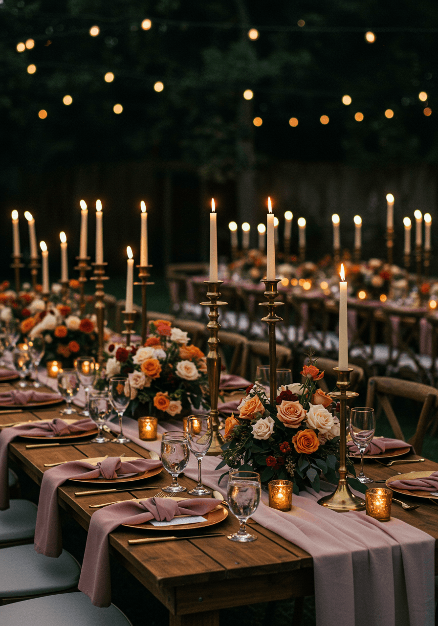 Long farmhouse table with brass candelabras, cinnamon roses and flickering candlelight creating evening reception atmosphere