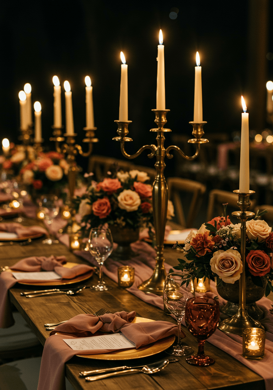 Tall brass candelabras with cream tapered candles and cinnamon rose centerpieces on wooden farmhouse table