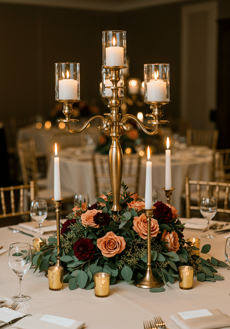 Close-up of tall gold candelabra with white pillar candles surrounded by lush cinnamon rose and eucalyptus arrangements