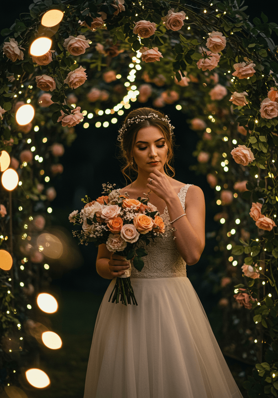Three-quarter portrait of bride under fairy light canopy with cinnamon roses creating magical bokeh during twilight