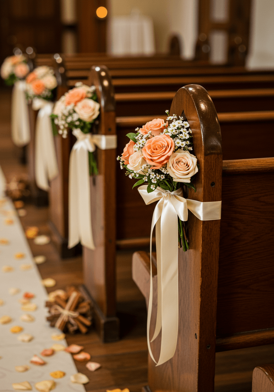 Close-up of wooden church pew decorated with cinnamon rose bouquet, cream satin ribbon and bundled cinnamon sticks during golden hour