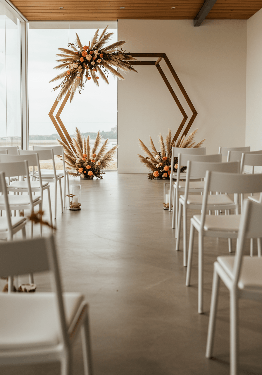 Low angle of geometric ceremony arch made from cinnamon-coloured wood with sparse dried pampas in modern indoor space