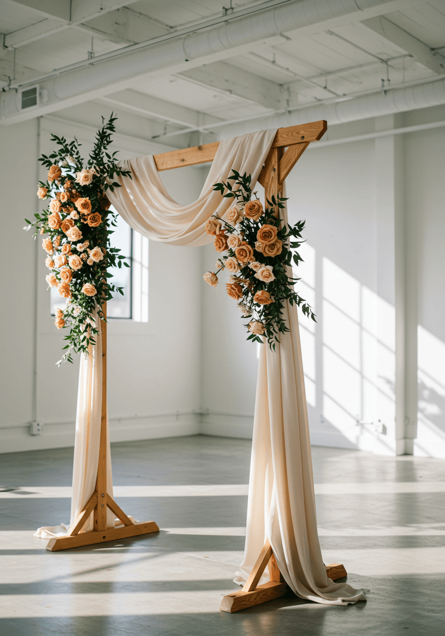 Ground level view of minimalist wooden arch with cream silk draping and cinnamon roses on polished concrete in modern space