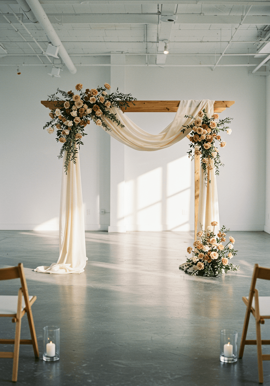 Wide centered shot of simple wooden ceremony arch with sparse cinnamon rose arrangements in bright modern venue