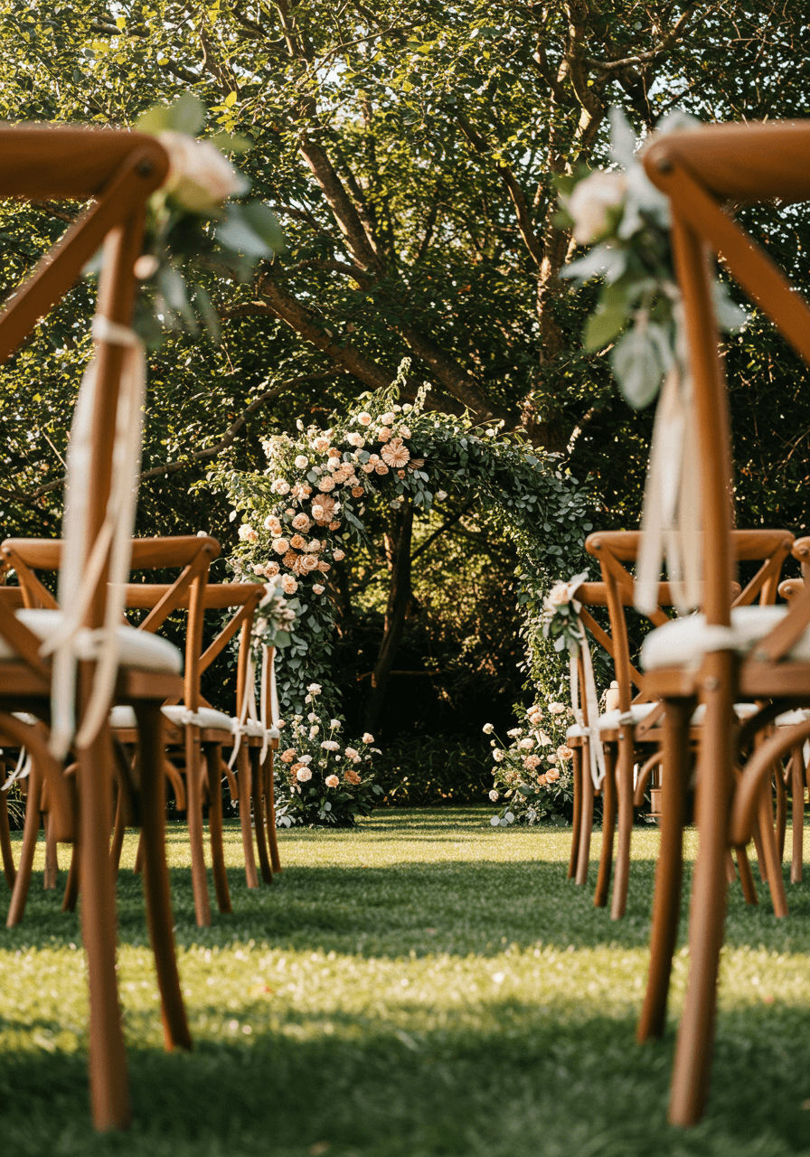 Low angle of outdoor garden ceremony with cross-back chairs, stone pathways and cinnamon rose arch during late afternoon