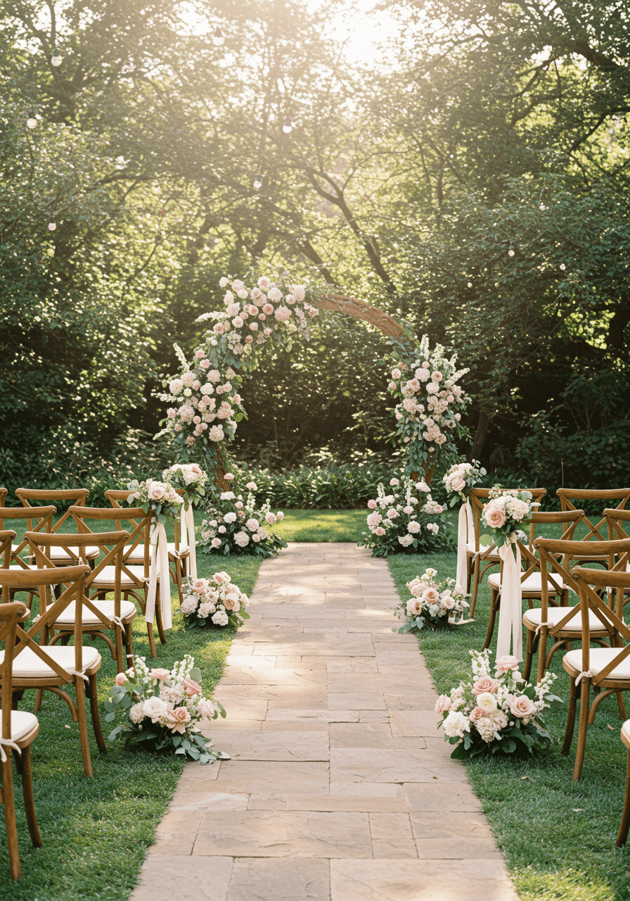 Elevated view of outdoor garden ceremony with wooden cross-back chairs and ornate cinnamon rose floral arch at golden hour
