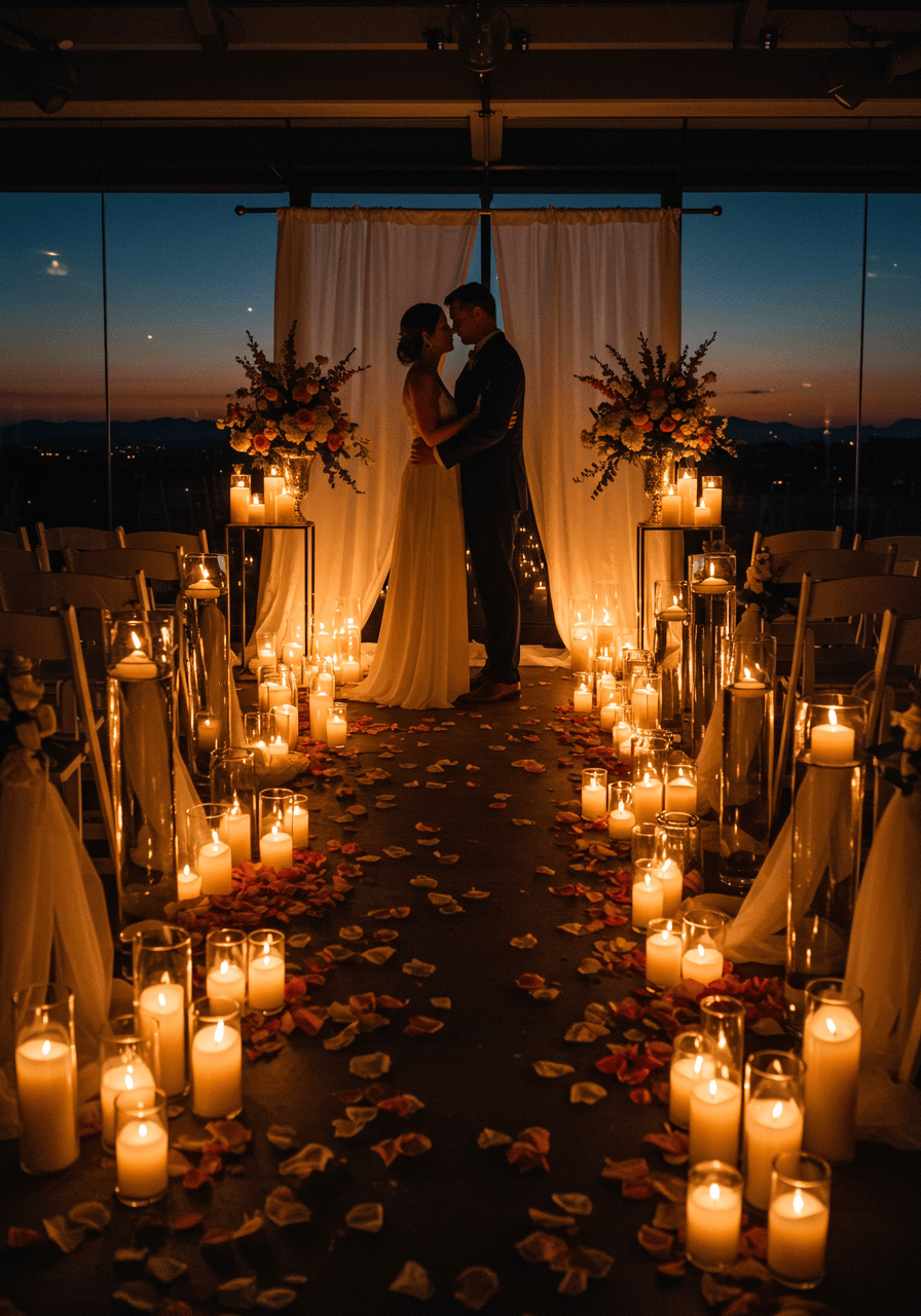 Couple embracing surrounded by flickering pillar candles and scattered cinnamon rose petals at twilight ceremony
