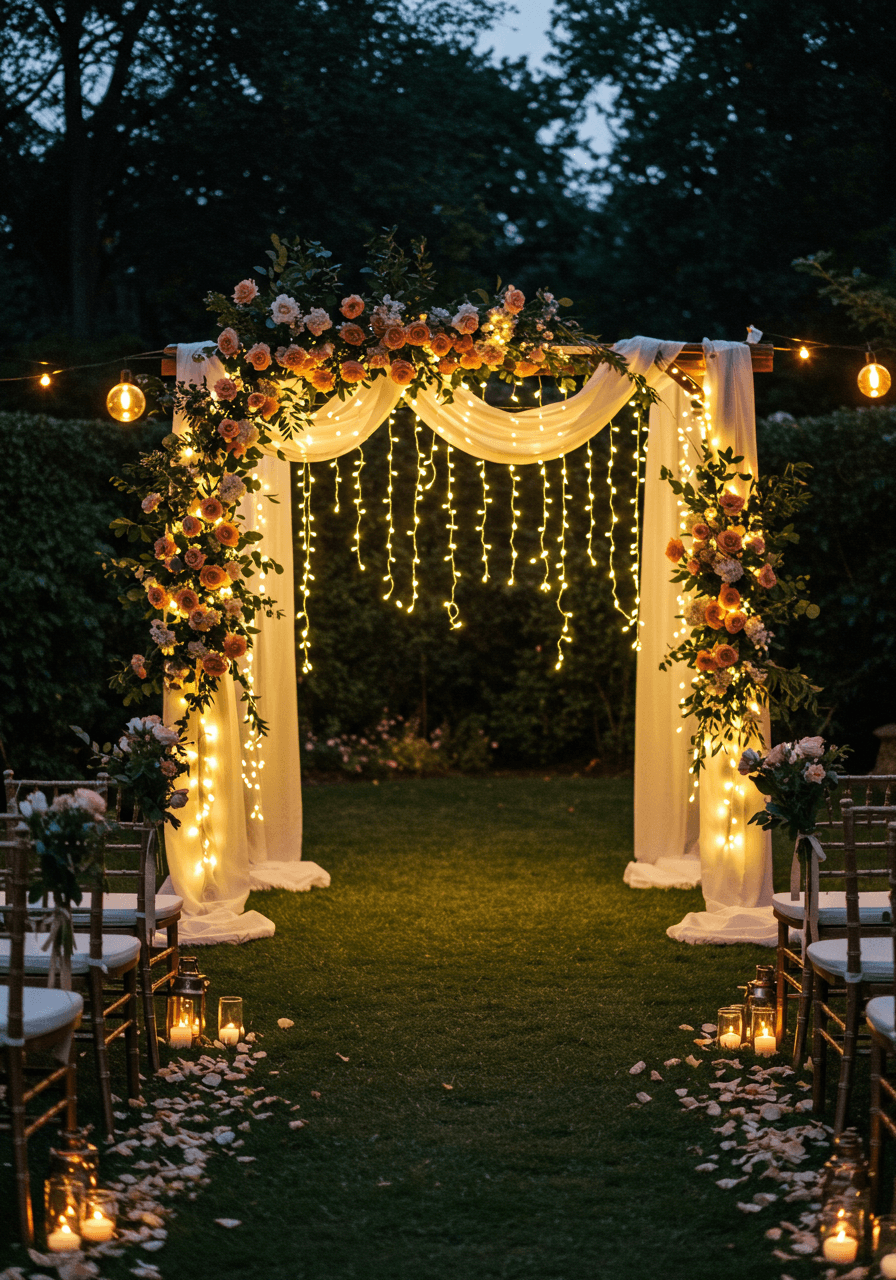Romantic outdoor ceremony archway with fairy lights intertwined through cinnamon rose garlands during twilight