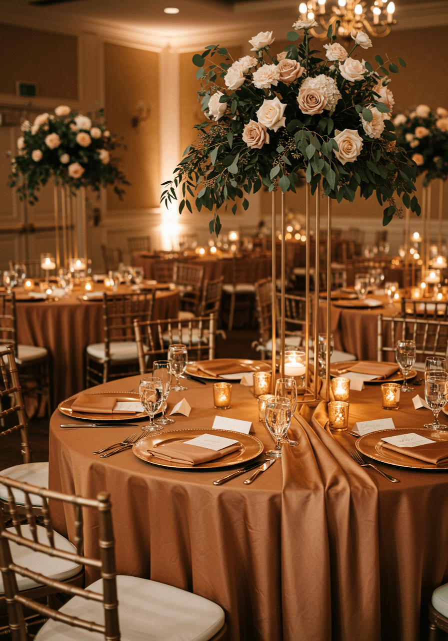 Elegant ballroom tablescape with rose gold chargers, cinnamon silk runners and tall floral centerpieces during evening reception