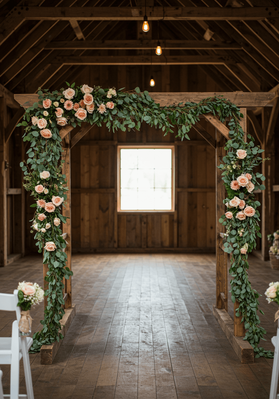 Rustic wooden arch decorated with cinnamon roses and eucalyptus garland in charming barn with exposed beams