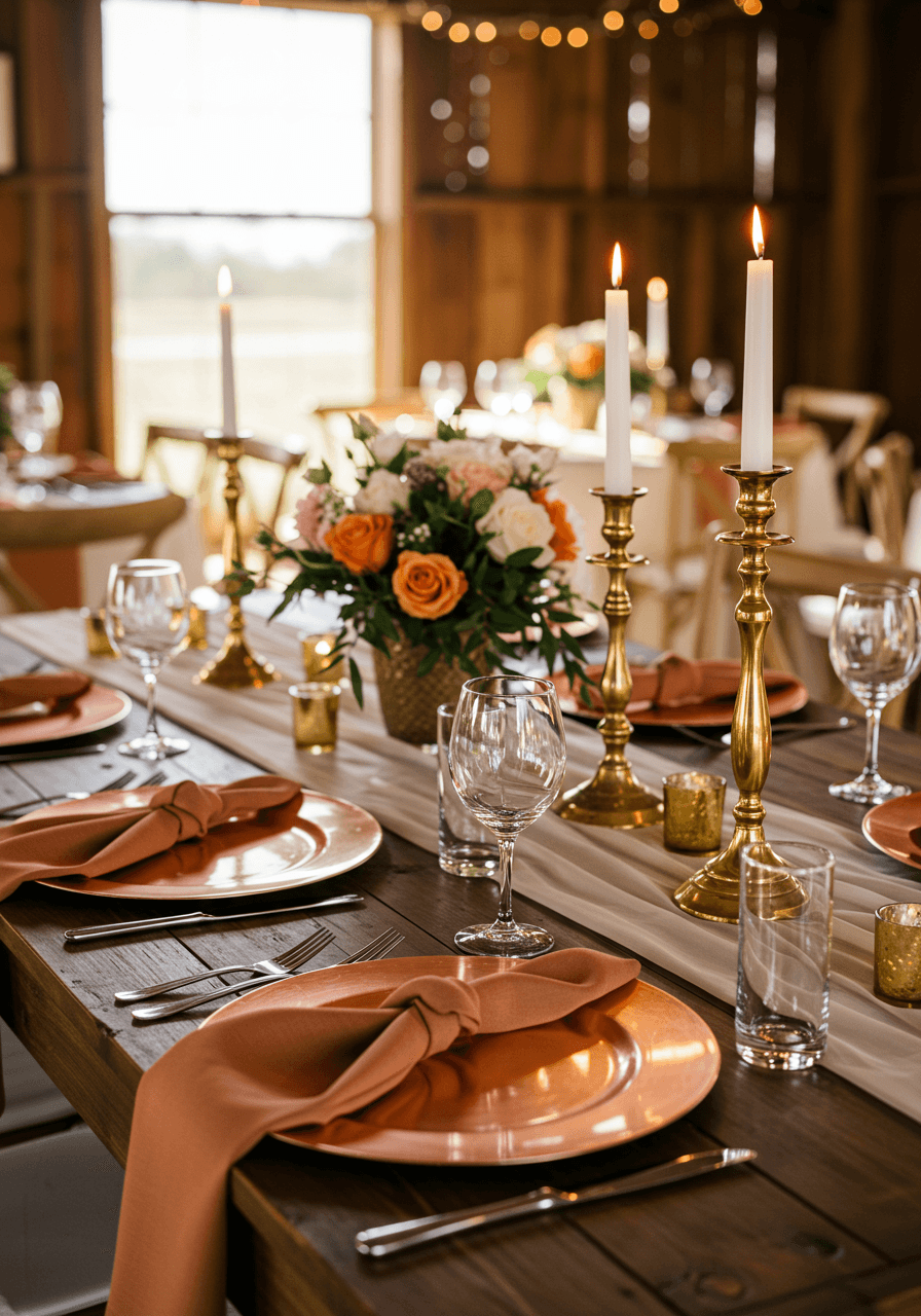 Elegant tablescape with rose gold chargers and golden candelabras in rustic barn during late afternoon