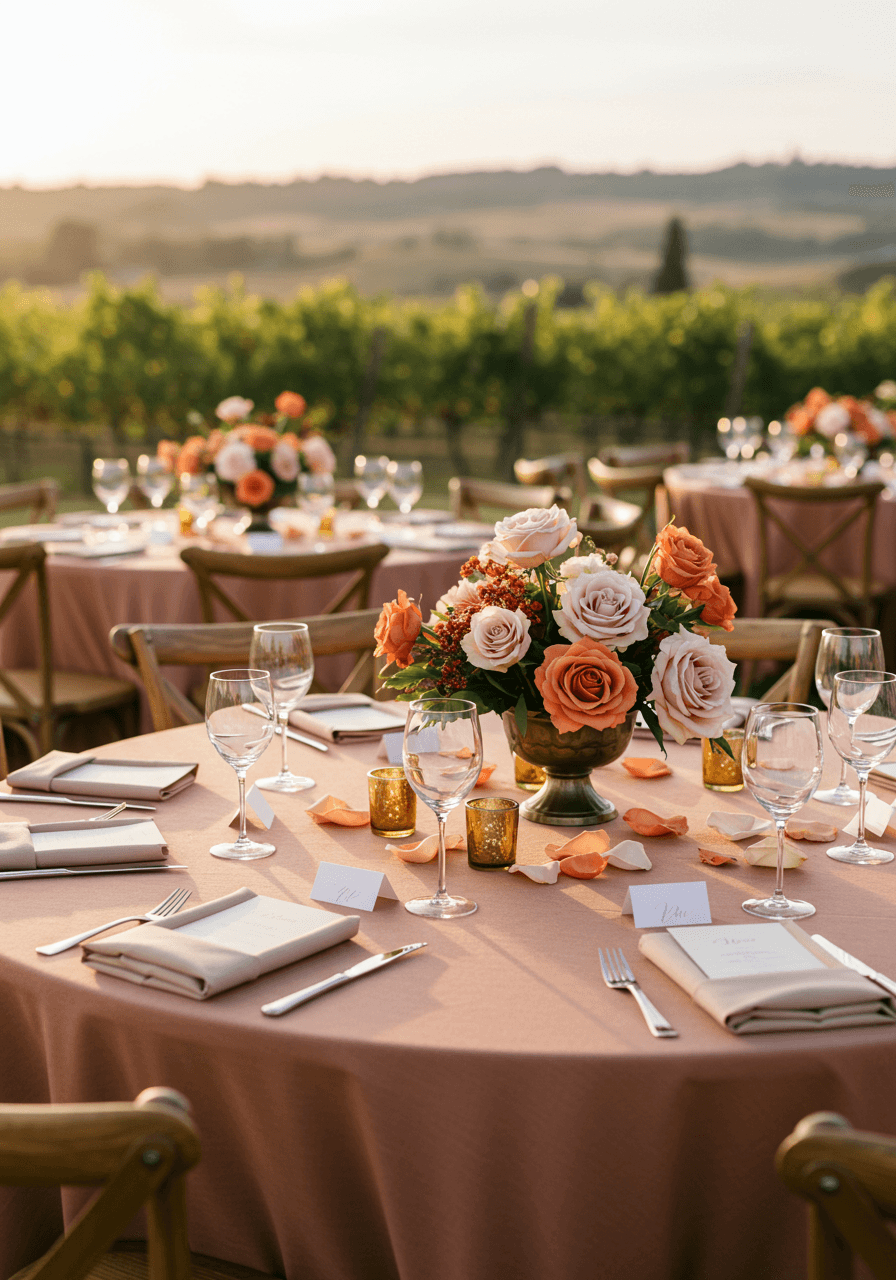 Detail view of vineyard reception table with cinnamon rose centerpiece, gold-rimmed glassware and scattered rose petals