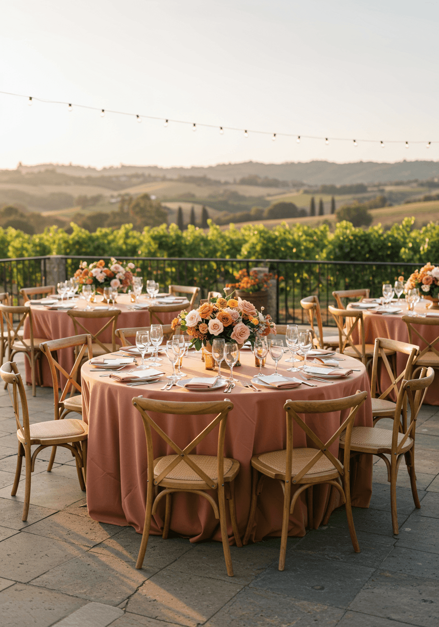Wide shot of vineyard terrace reception with round tables in cinnamon linens and rose centerpieces overlooking rolling hills