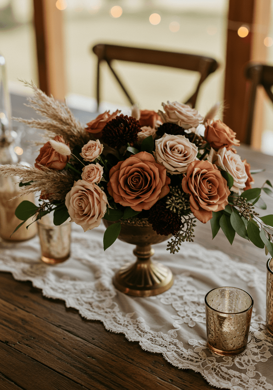 Overhead view of vintage brass compote with cinnamon roses, dried pampas grass and lace runner in barn venue