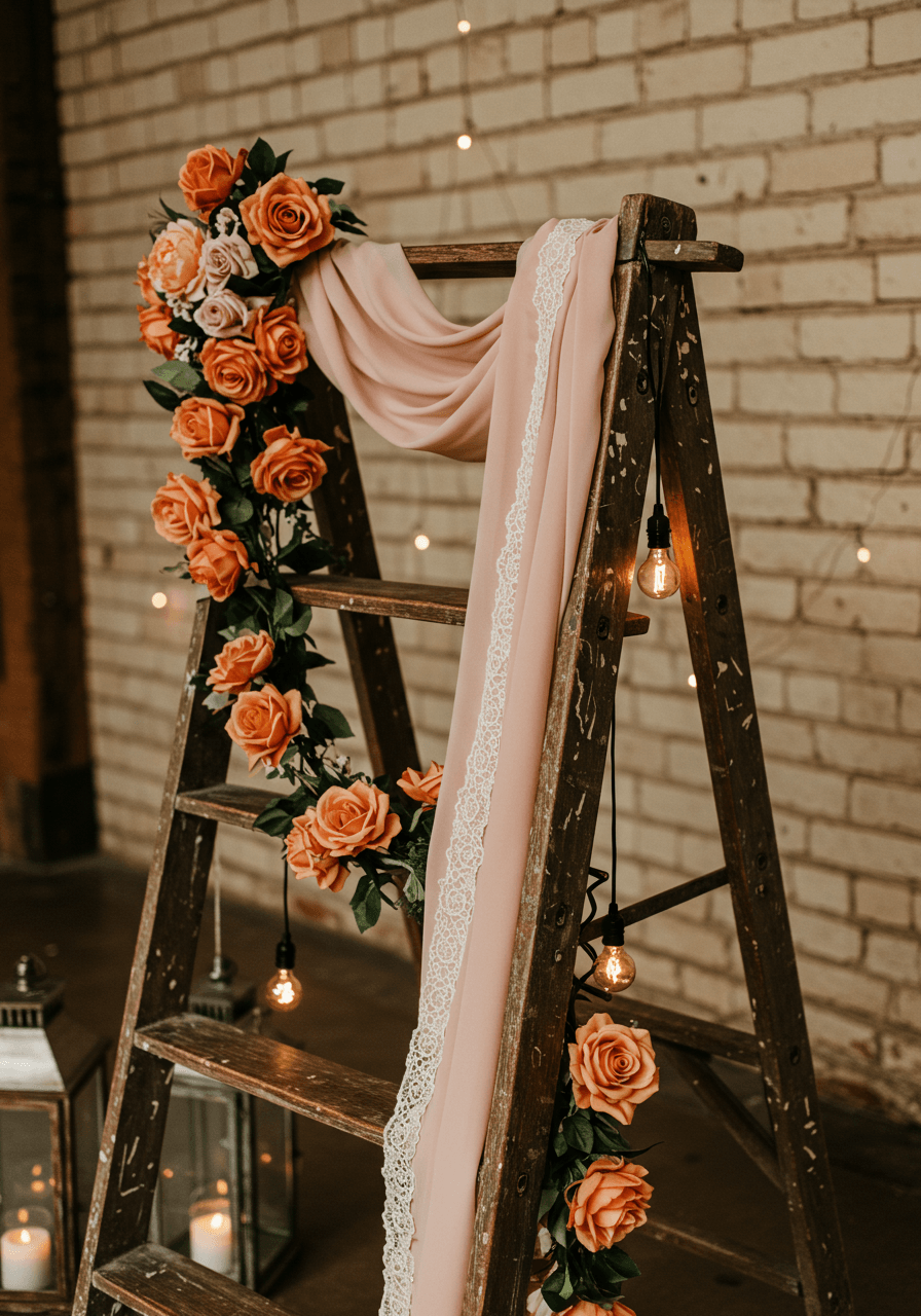 Ornate vintage wooden ladder with cinnamon rose garlands, blush fabric swags and Edison string lights against cream brick wall
