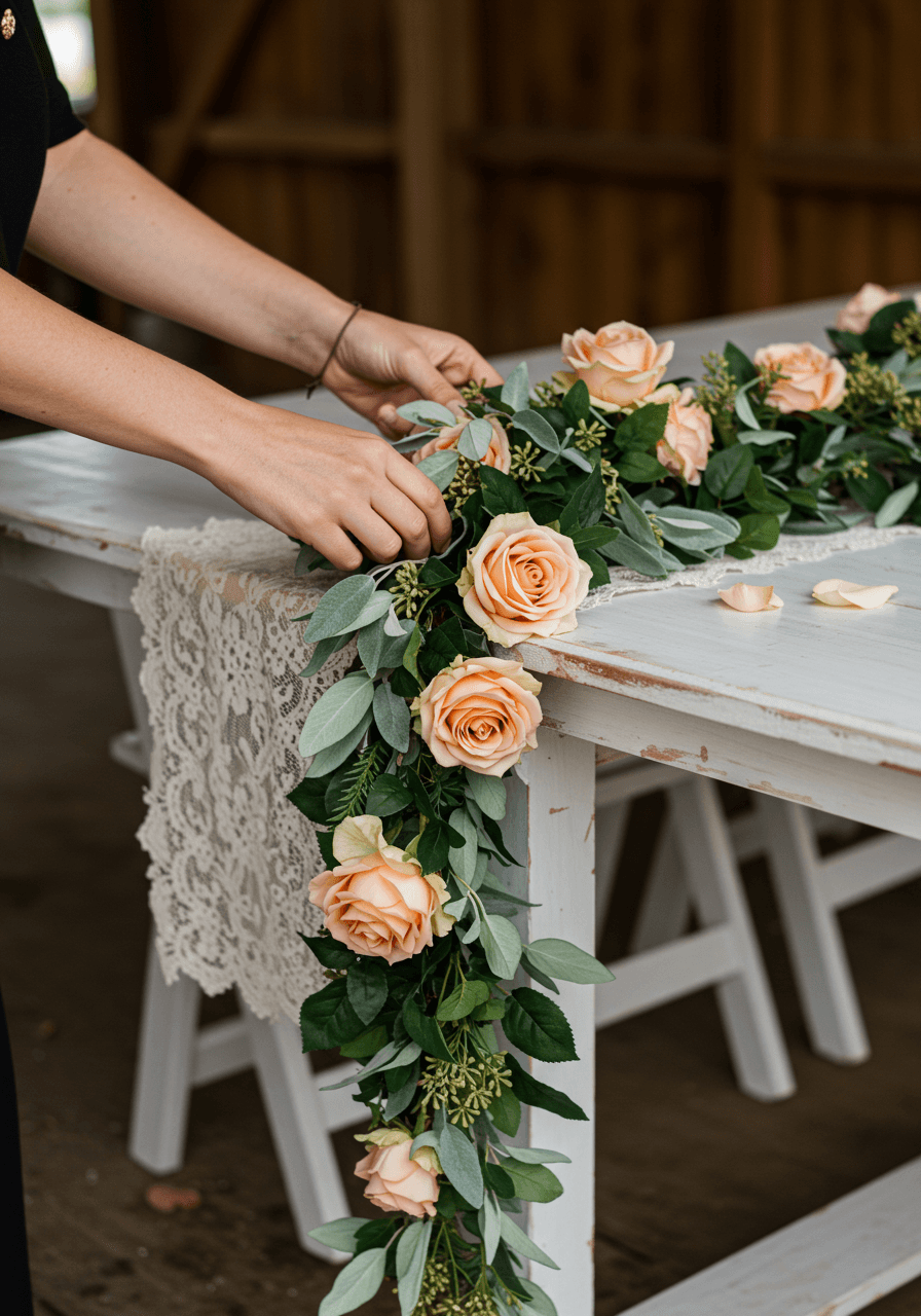 Wedding decorator arranging cascading cinnamon rose garland with blush roses along white wooden farm table in rustic barn