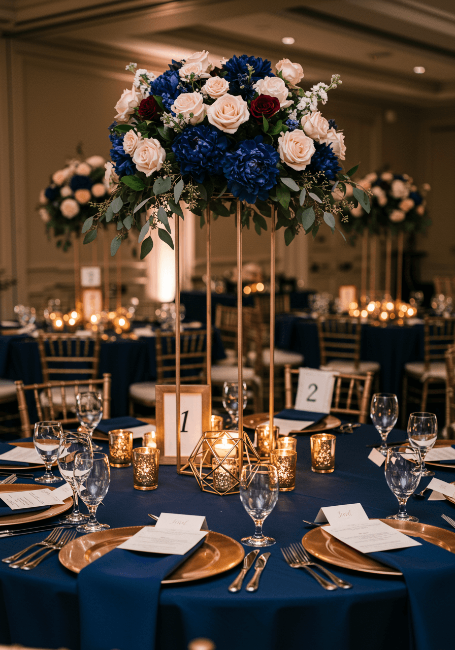 Elegant wedding centerpiece with navy blue and blush florals in sophisticated ballroom setting