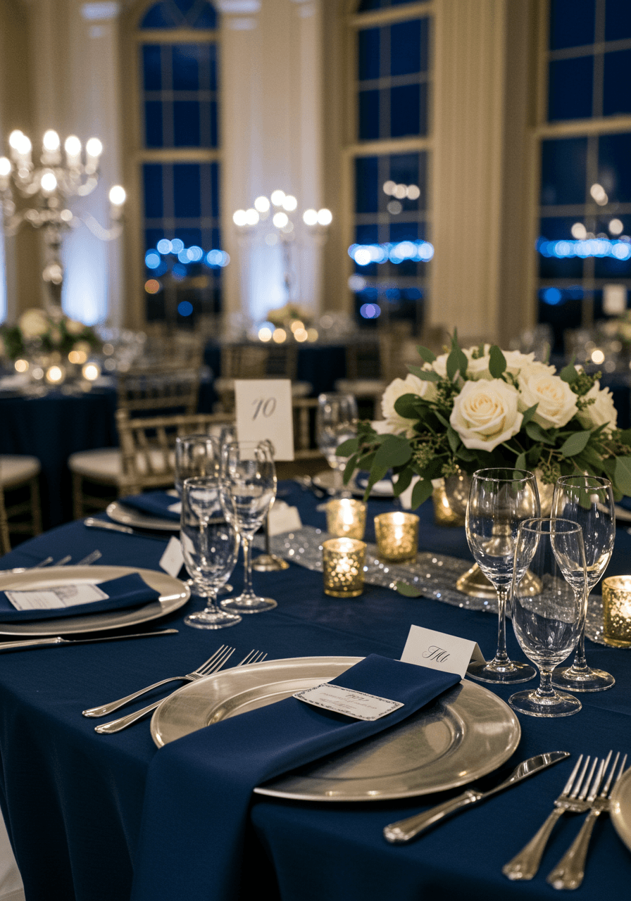 Crystal glassware and silver charger plates on navy blue table linens in ballroom setting