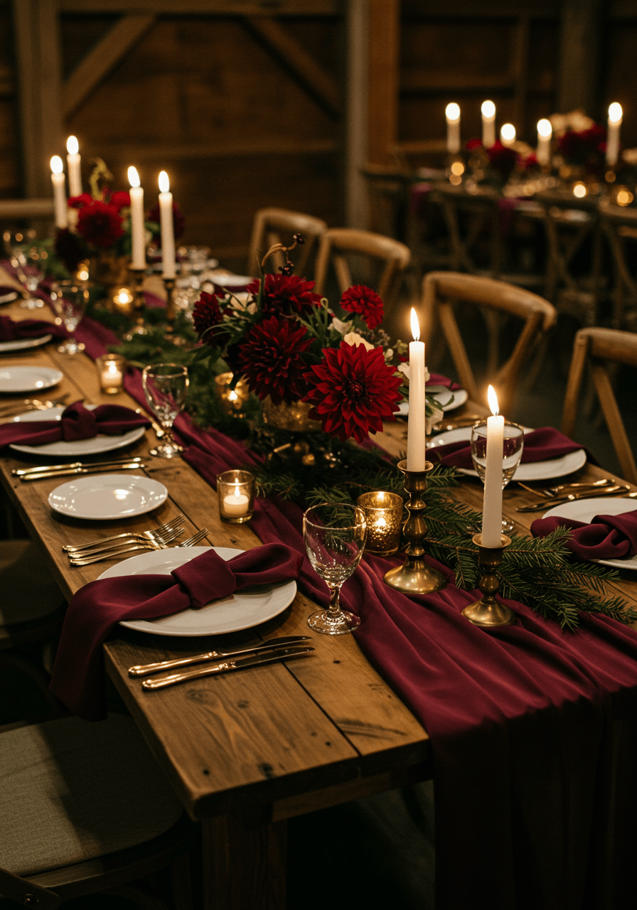 Wide angle view of elegant winter wedding tablescape in romantic barn setting