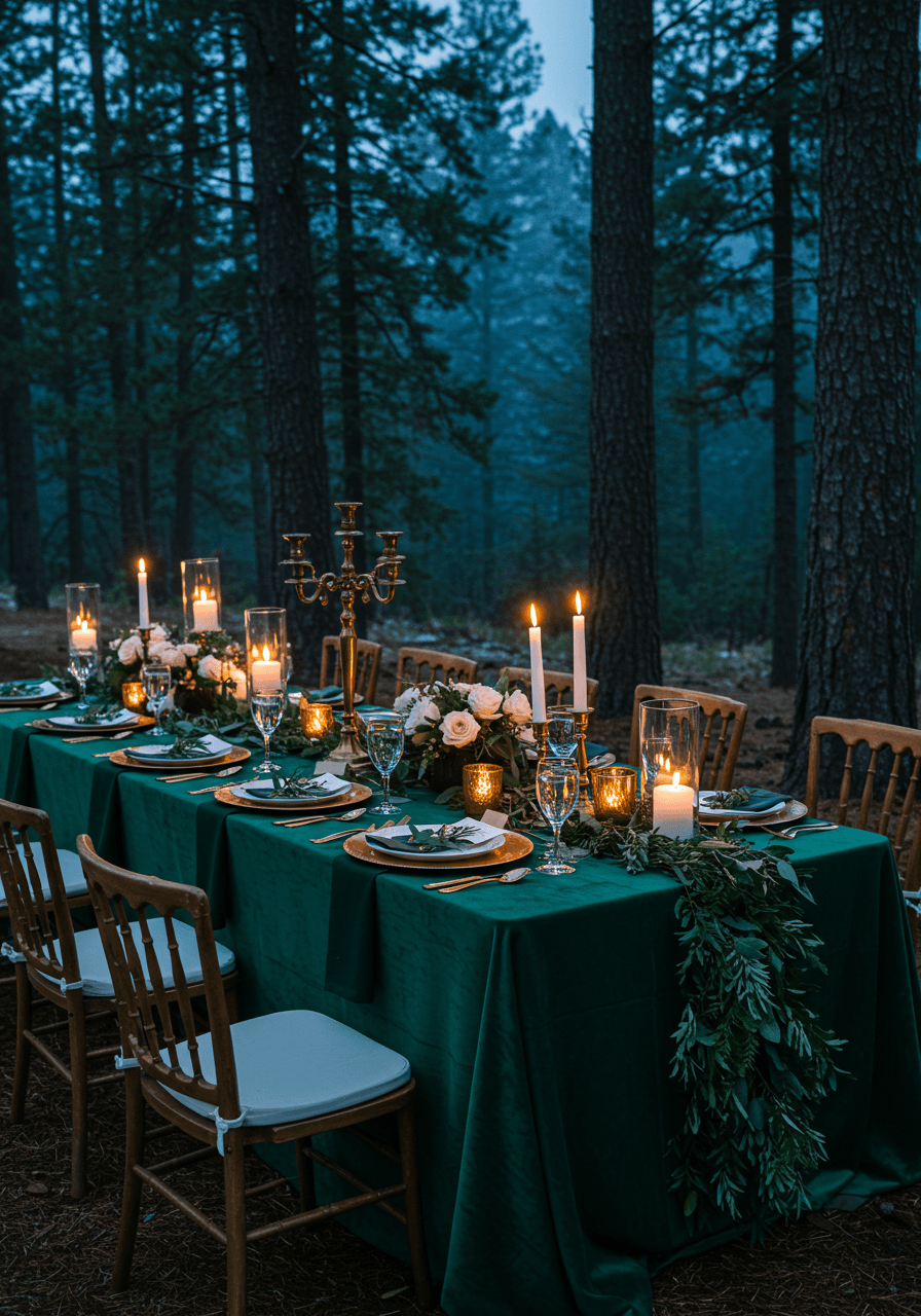 Wide view of forest wedding tablescape with emerald linens and antique gold details in natural setting