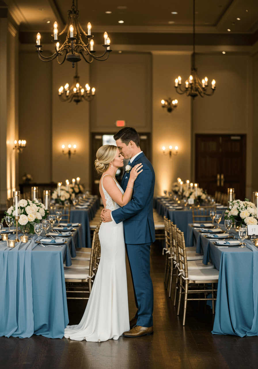 Bride and groom embracing in elegant ballroom with slate blue linens and cream florals during golden hour