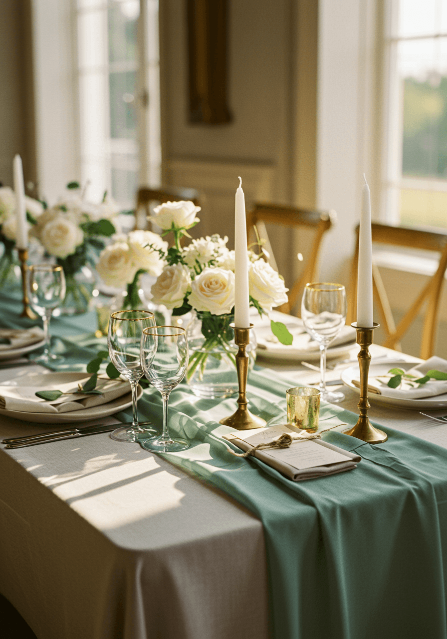 Wedding reception table with sage green silk runner and cream roses bathed in golden hour light