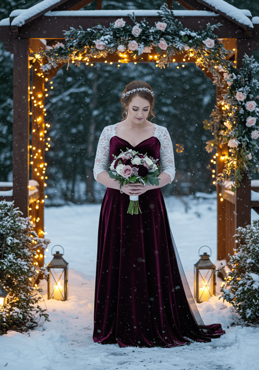 Plum velvet winter bride portrait with frost-kissed roses and vintage lanterns at twilight