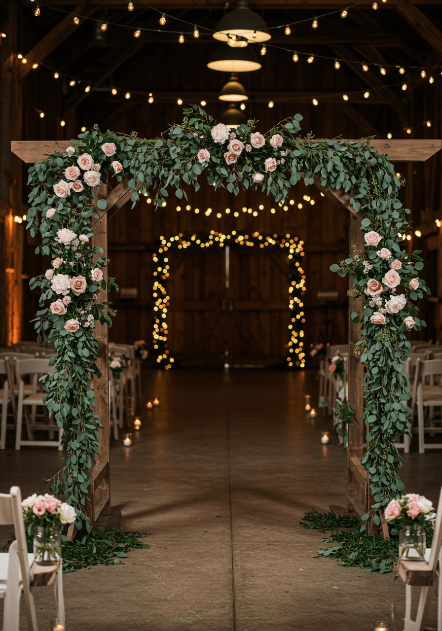 Rustic wooden wedding arch with hunter green eucalyptus and dusty pink roses in barn with string lights