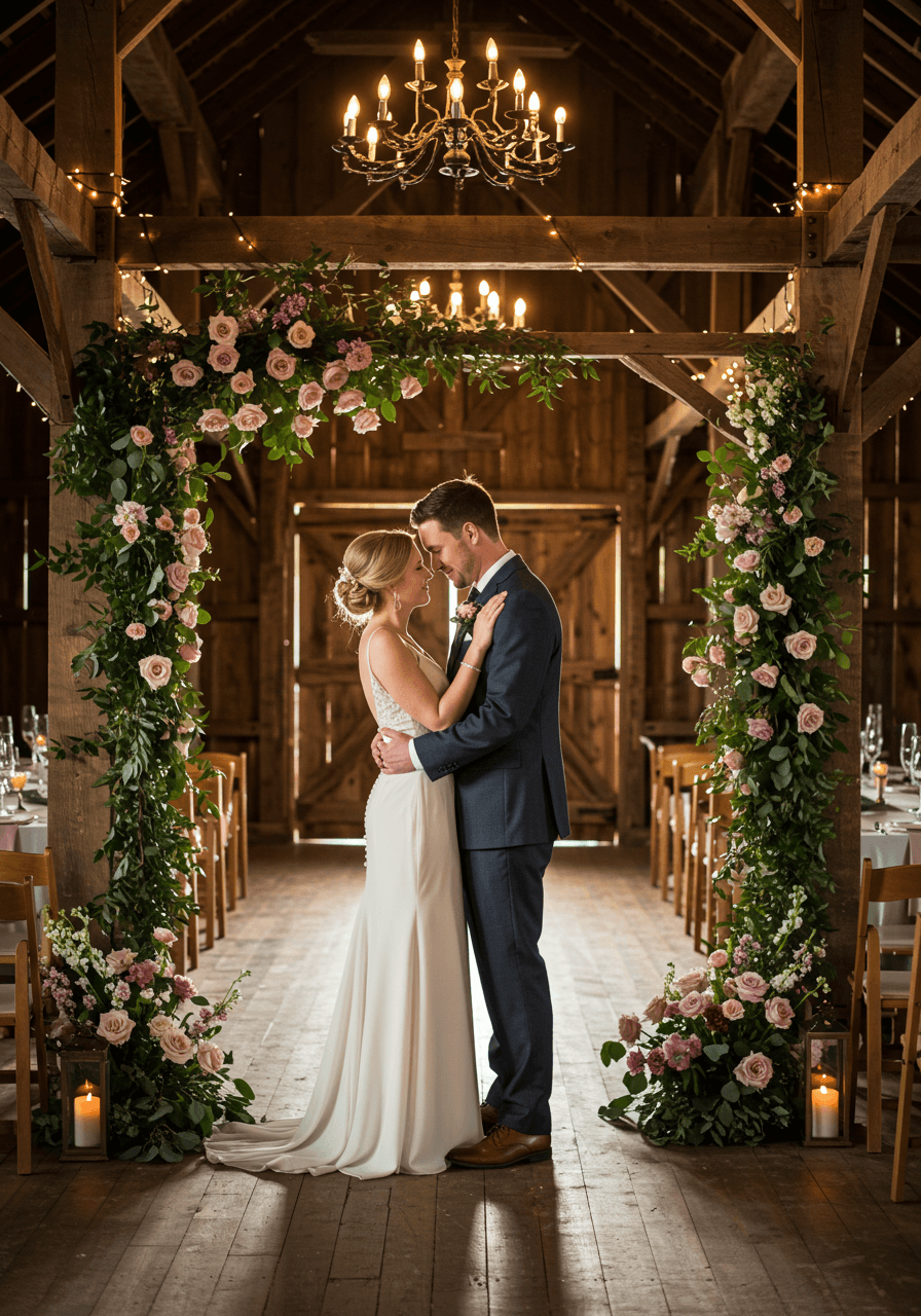 Romantic couple portrait in barn setting with dusty rose and charcoal wedding decor