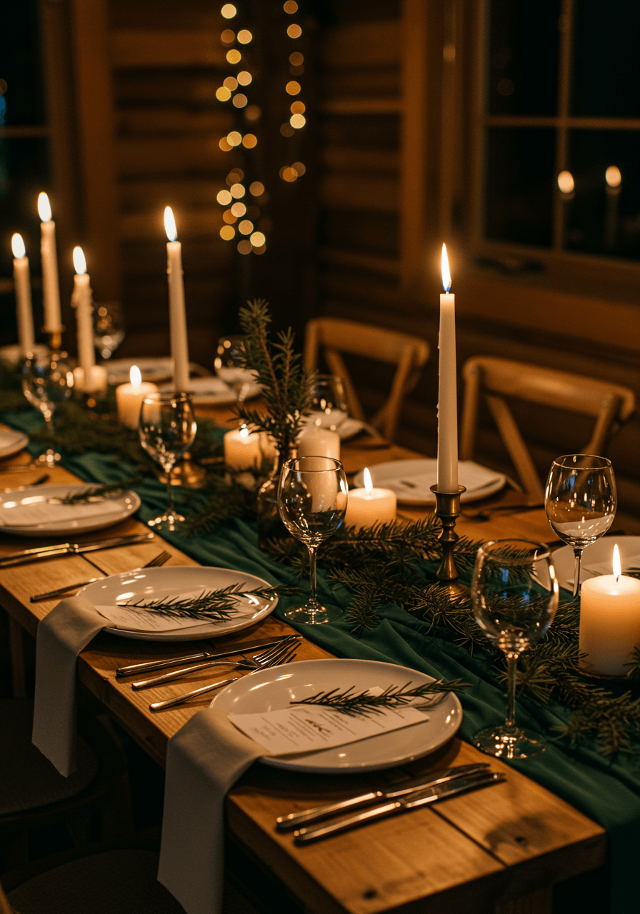 Rustic winter wedding tablescape with pine green napkins and cream plates in cozy cabin setting