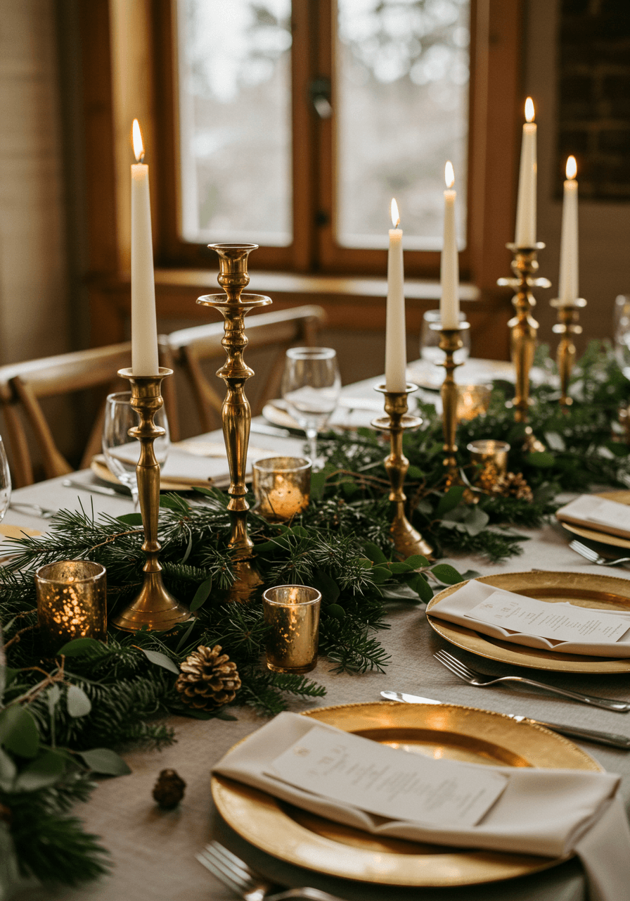 Elegant wedding tablescape with evergreen garland and antique gold candelabras in winter venue