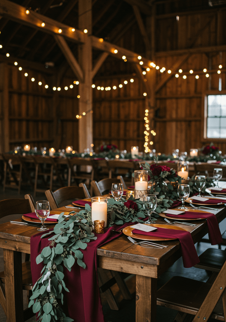 Wide view of barn reception with wine red linens and eucalyptus centerpieces under string lights