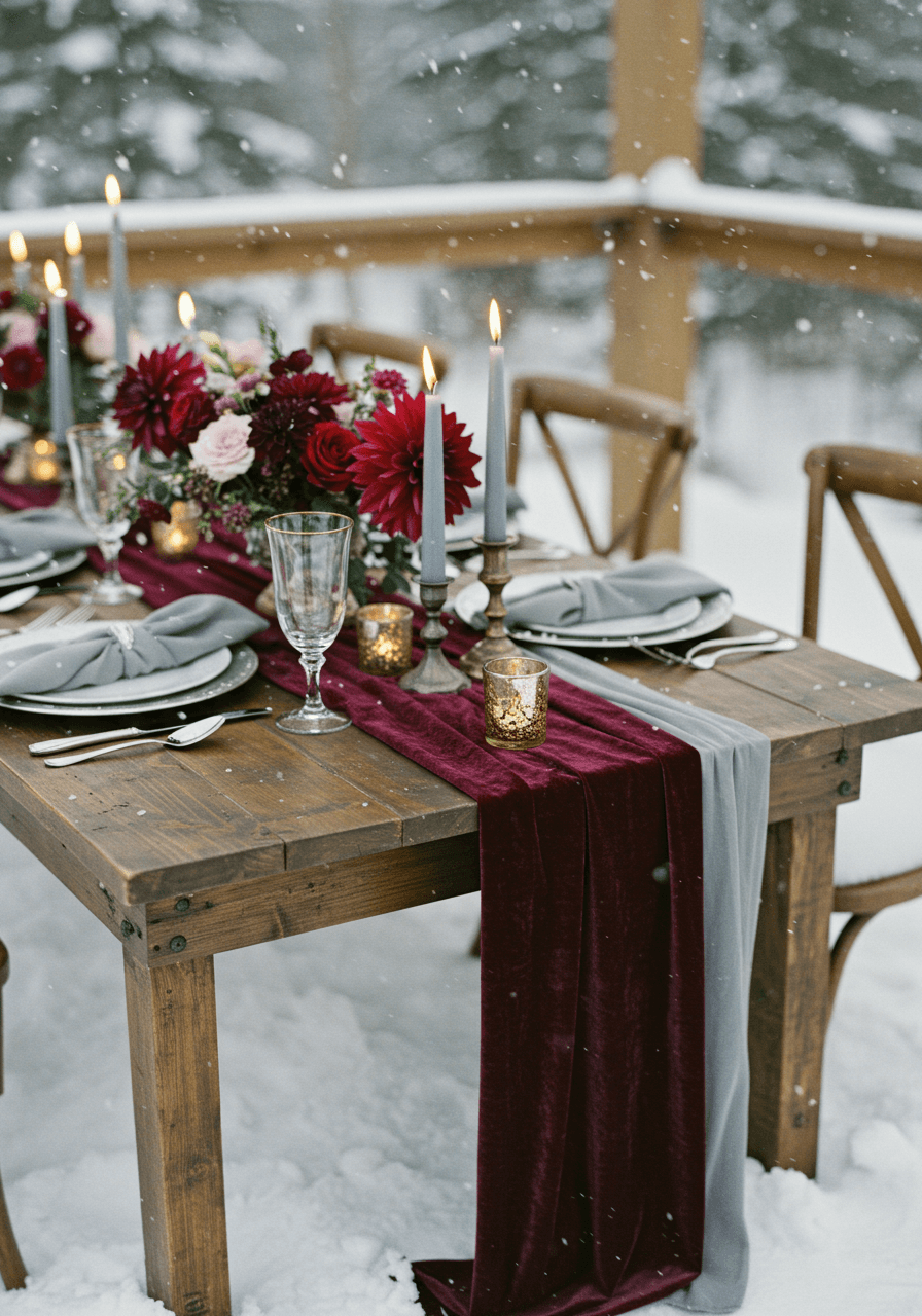 Elegant outdoor pavilion wedding tablescape with mulberry velvet runner and pewter chargers in snow