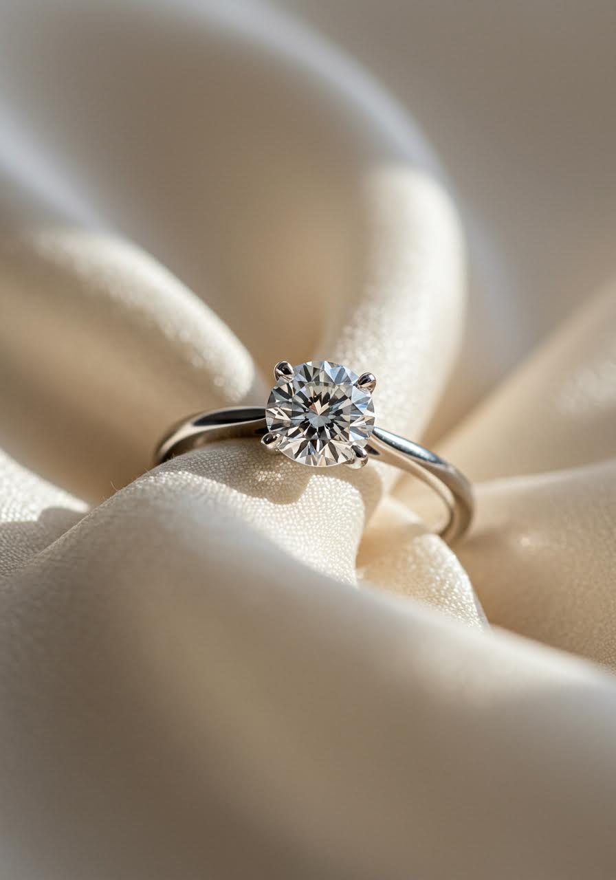 Stunning round brilliant diamond engagement ring on ivory silk fabric backdrop