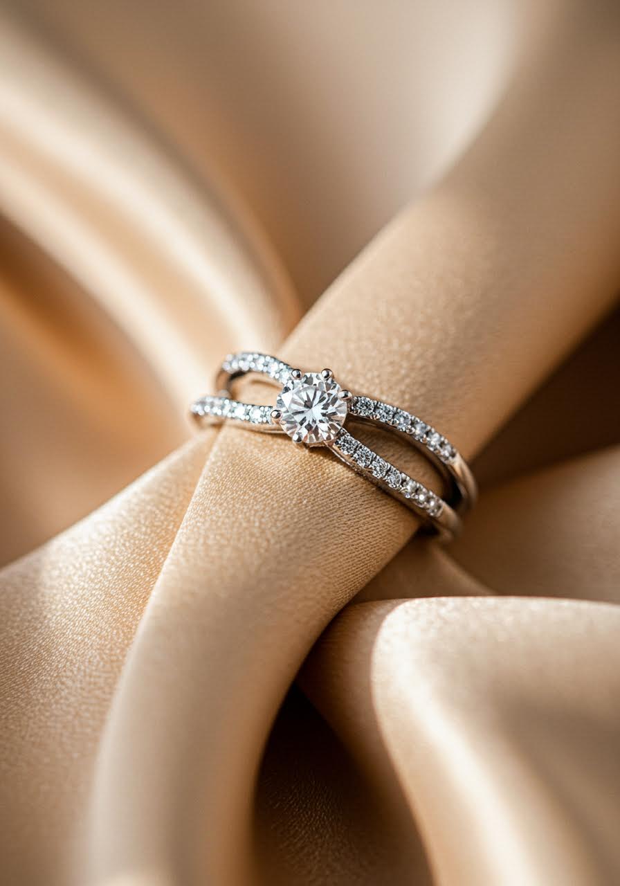 Split shank diamond engagement ring with pavé details on champagne silk backdrop