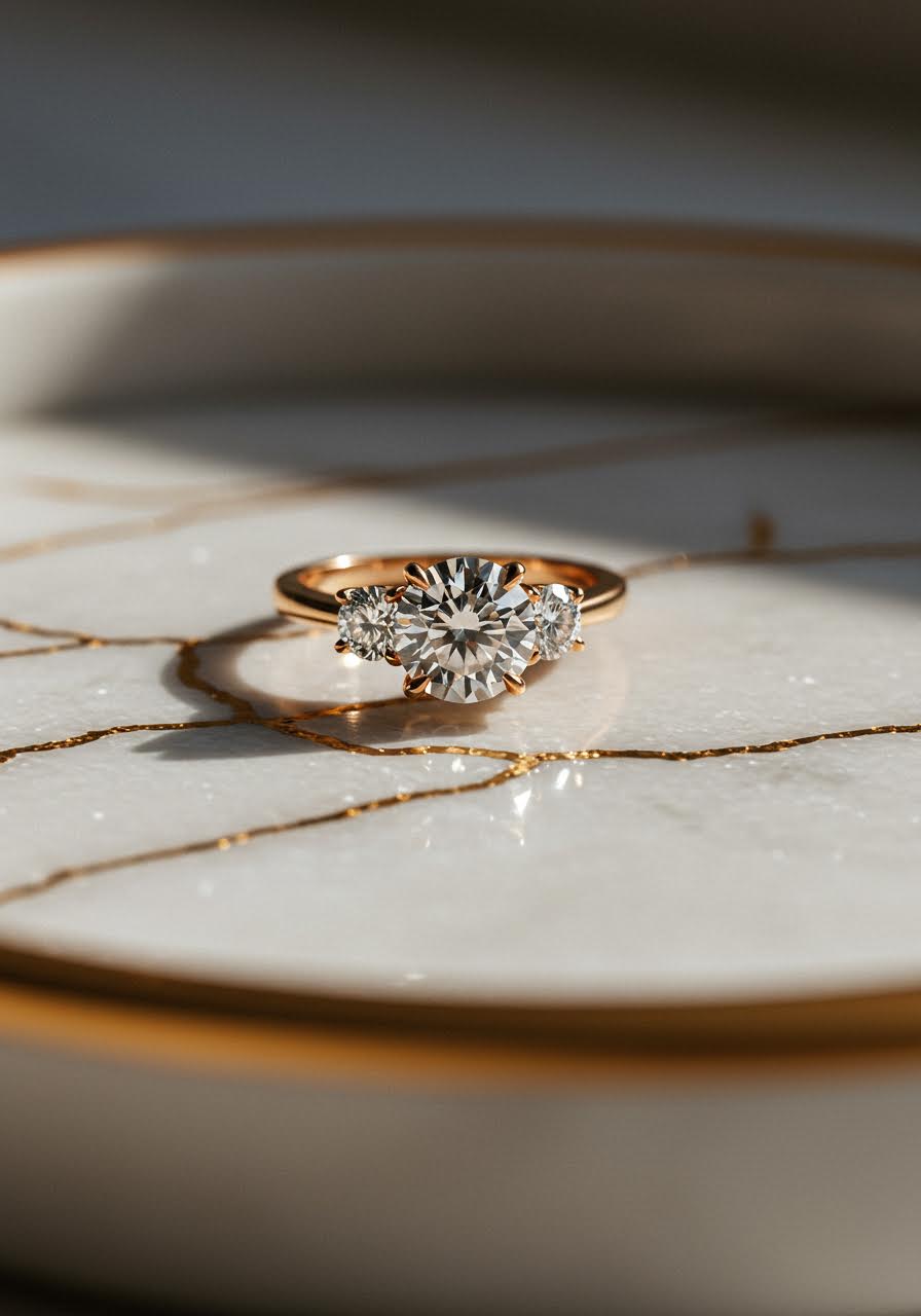 Three-stone diamond engagement ring on white marble tray with gold veining
