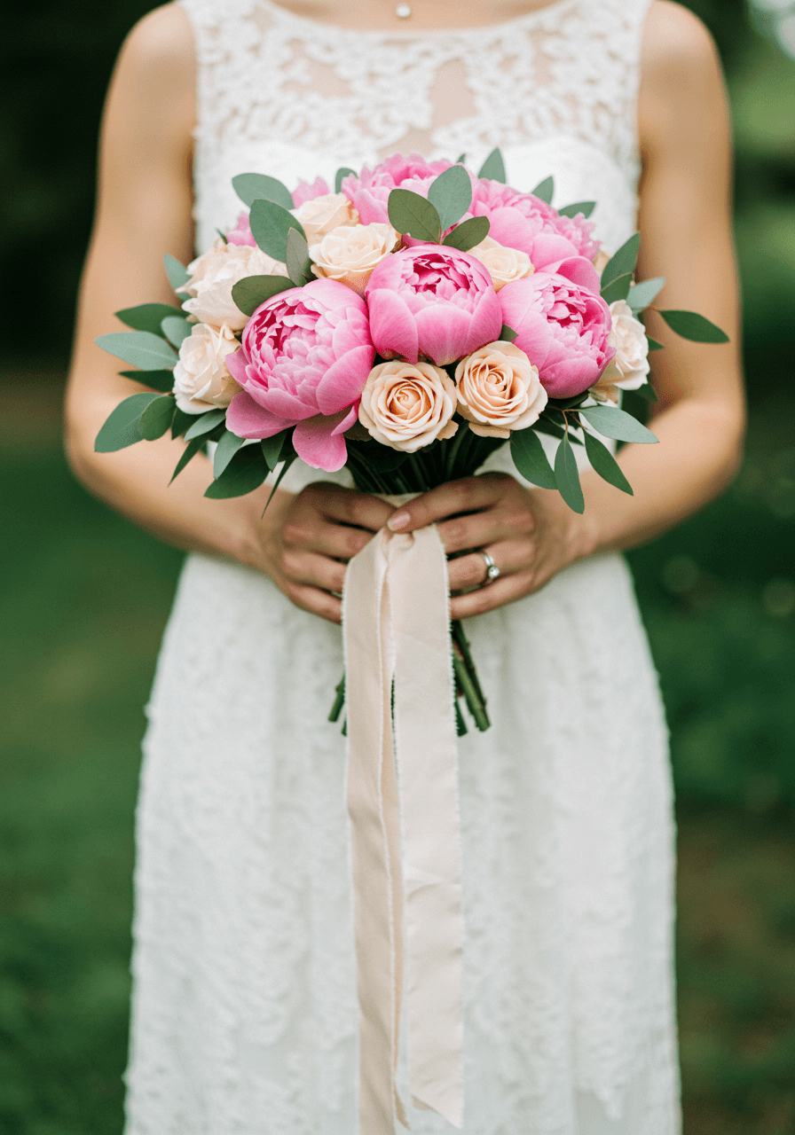 Bride's hands holding dusty rose peony and eucalyptus bouquet with silk ribbons