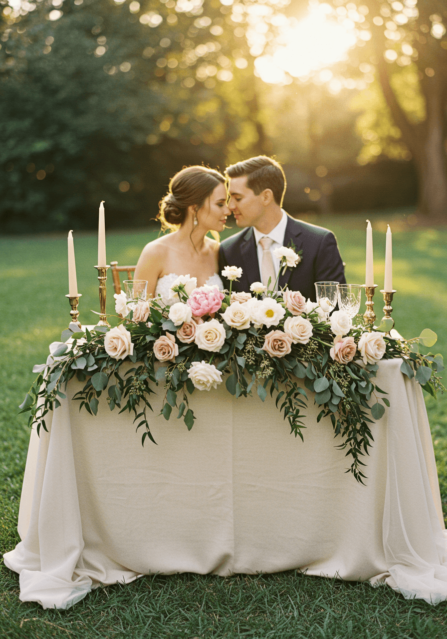 Intimate sweetheart table setup with cascading floral arrangement during golden hour