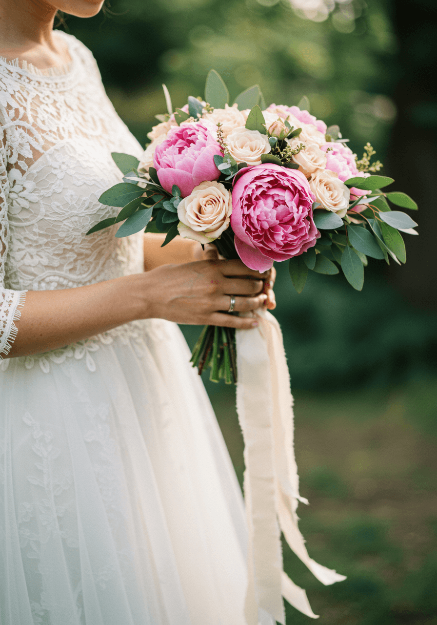 Close-up detail of hand-tied bouquet with cascading silk ribbons in garden setting