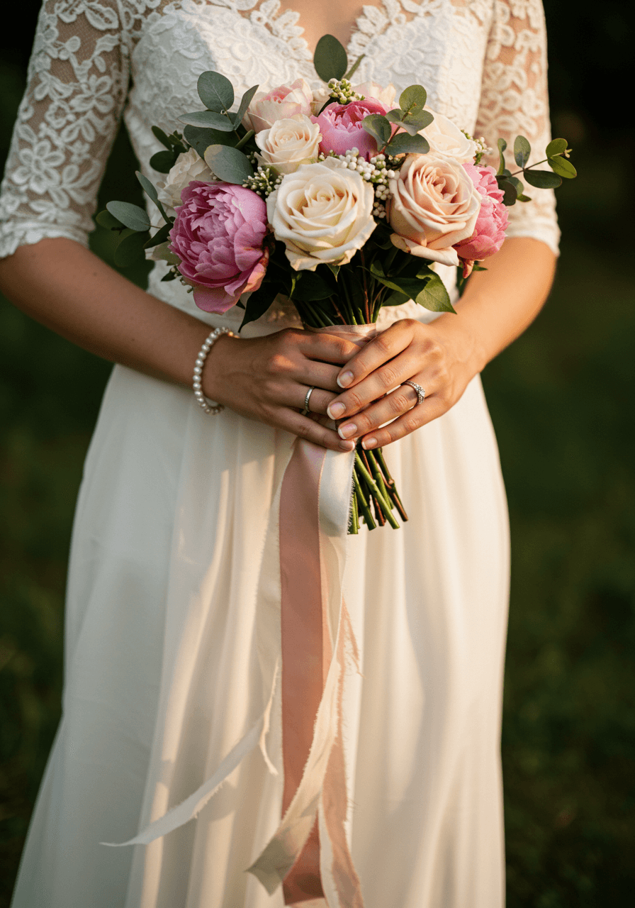 Bridal bouquet with flowing silk ribbons photographed during golden hour lighting